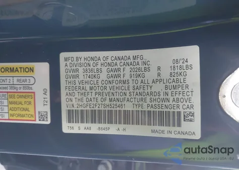 2025 Honda Civic Lx z USA, uszkodzony, nr VIN 2HGFE2F27SH525461